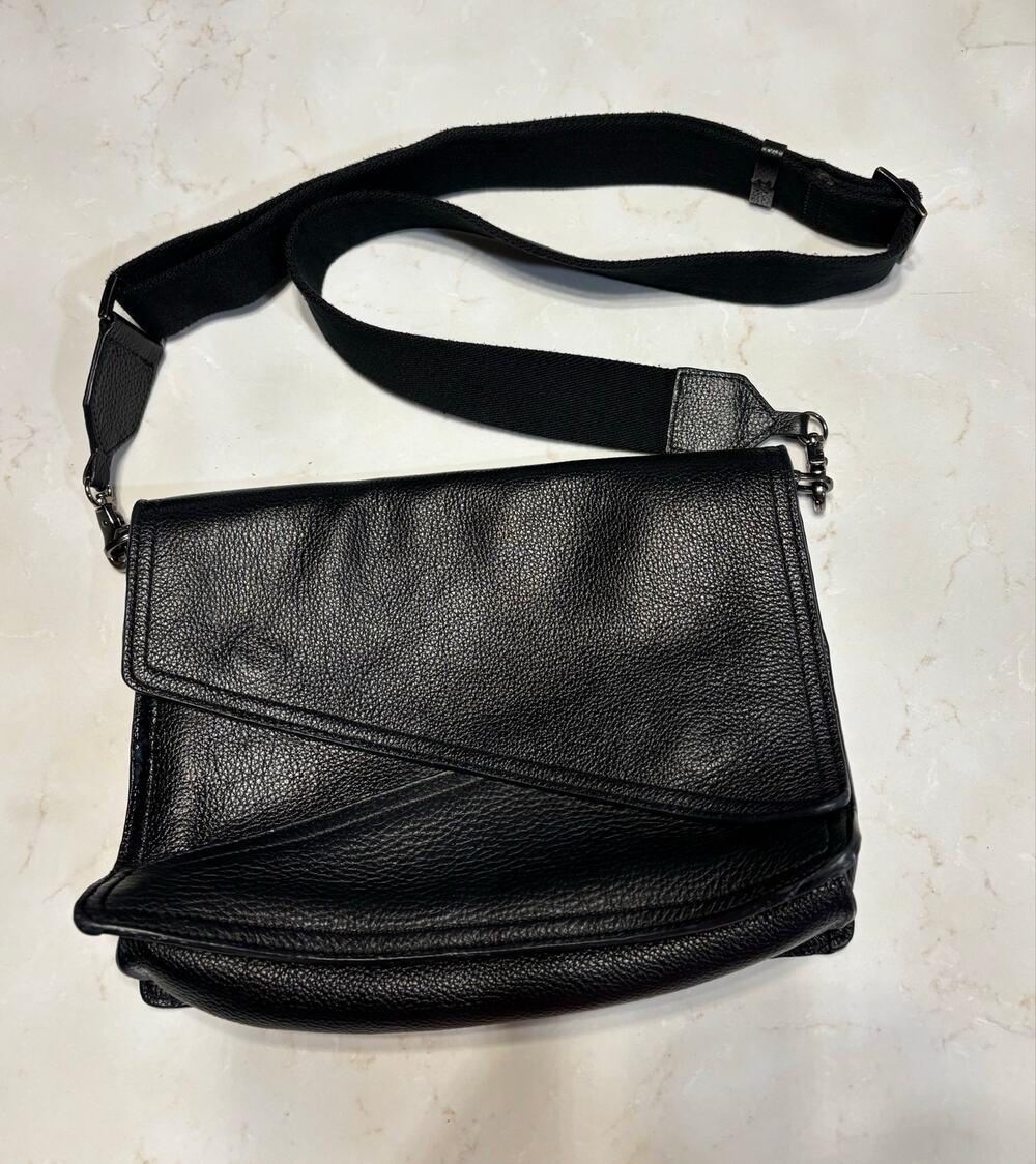 Botkier New York Black Pebbled Leather Flap Crossbody Bag w/ Zipper Details